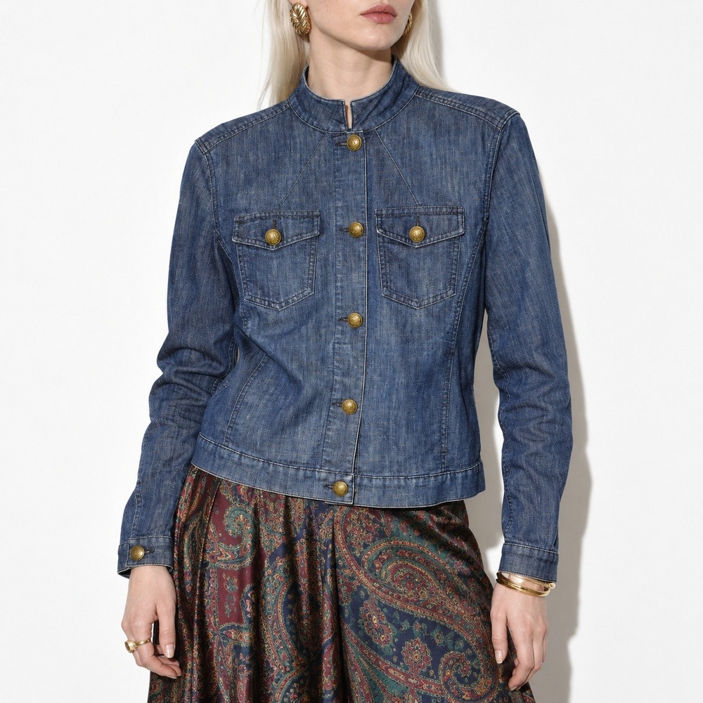 Escada Sport Dark Wash Denim Jacket Womens L Gold Anchor Buttons Made in Italy